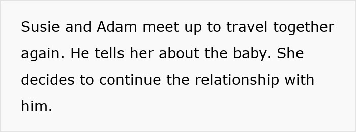 Text excerpt showing Susie and Adam meeting to travel again as he shares news about a baby, revealing toxic man behavior.
