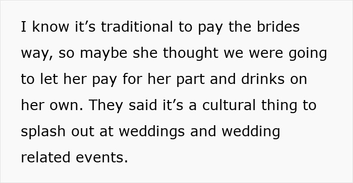 Text snippet discussing traditional wedding customs and cultural expectations of paying at weddings and related events.