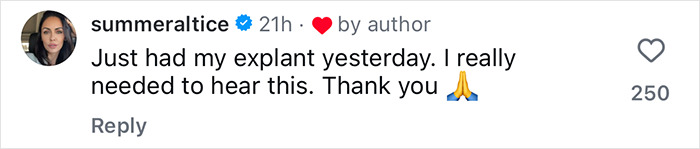 Alyssa Milano commenting on her recent breast implant removal, expressing gratitude and sharing her experience.