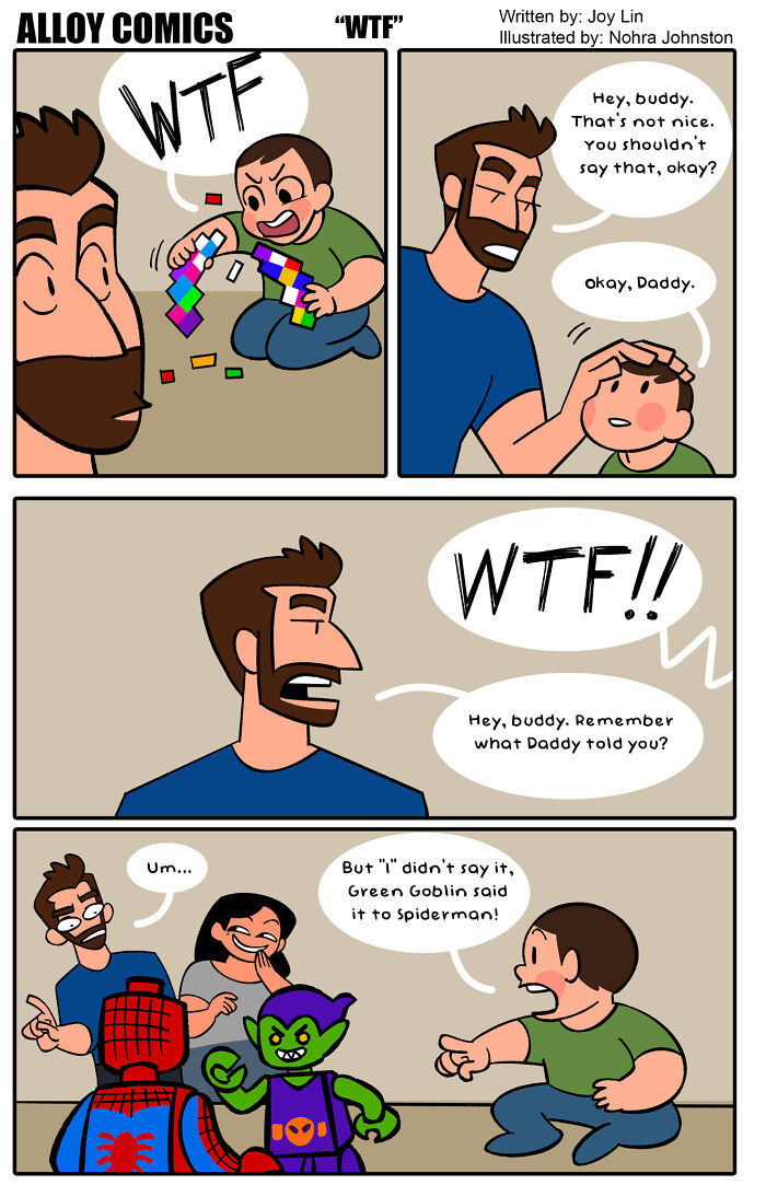 Comic strip showing a humorous family moment about raising a child and teaching respectful language in love and marriage.