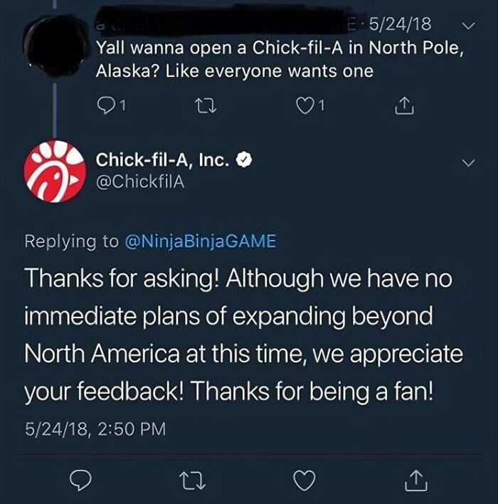 Twitter exchange showing a company’s social media reply explaining no expansion plans, highlighting social media failures.