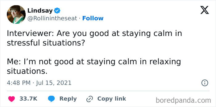 Tweet by Lindsay humorously highlighting millennial corporate life stress and calmness struggles in everyday work situations.