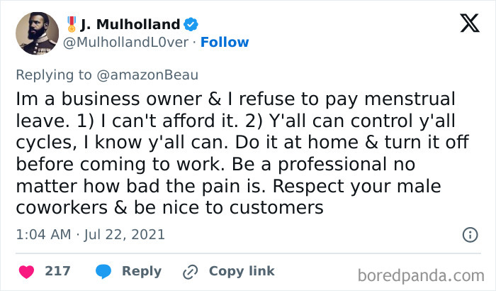 Tweet from a confident business owner refusing menstrual leave, showing examples of people being embarrassingly wrong in their beliefs.