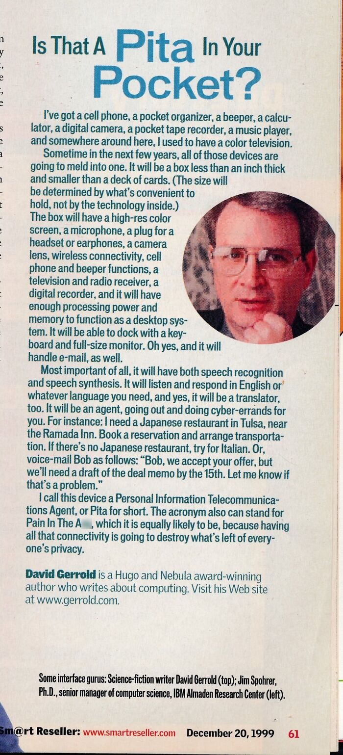 Article featuring science-fiction writer David Gerrold discussing futuristic technology concepts and personal devices.