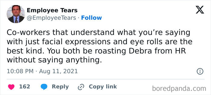 Tweet about millennial corporate life humor, highlighting silent communication and roasting coworkers without words.