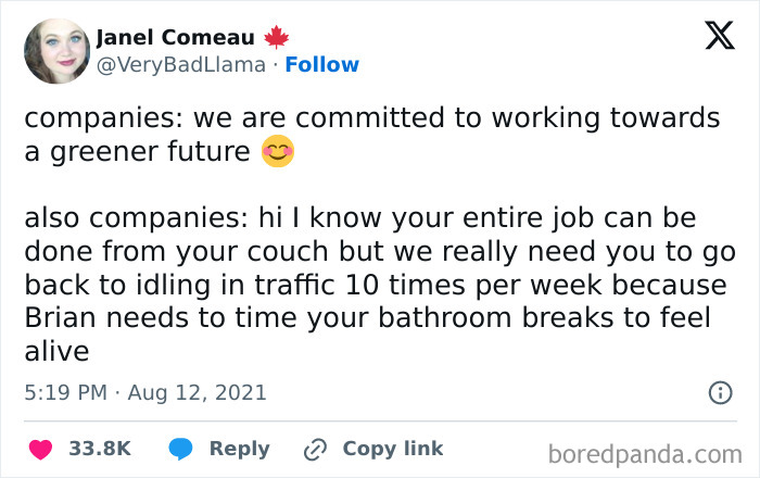 Tweet about companies claiming to support green work but forcing traffic commutes, highlighting parts of working in 2025 nightmare.