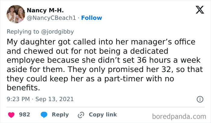 Twitter reply sharing an employee’s experience explaining why they hate their boss for unfair work hour demands.