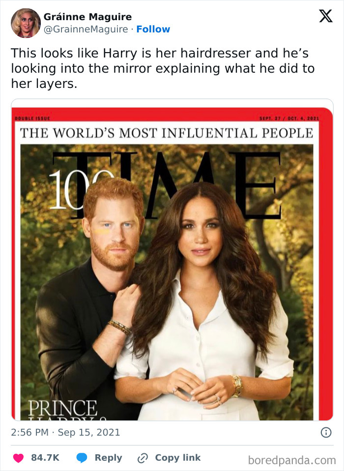 Twitter post showing a humorous caption with a TIME magazine cover featuring Prince Harry and Meghan Markle in an entertaining meme.
