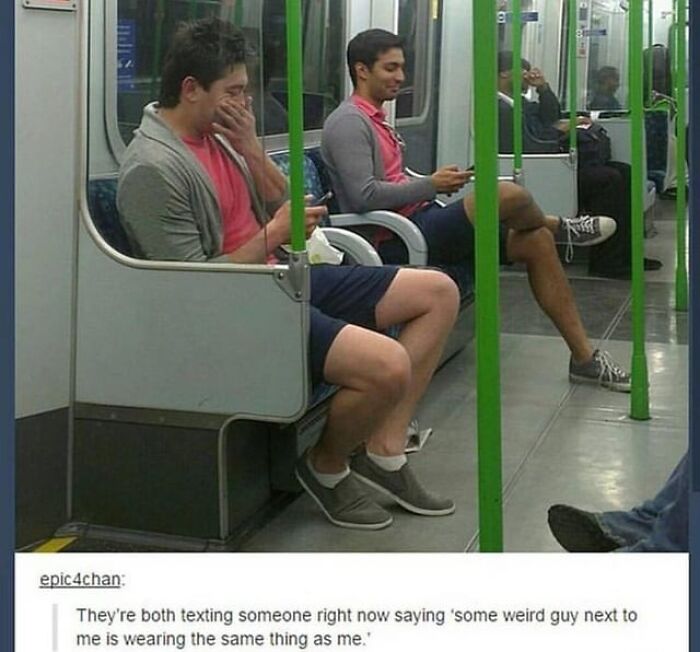 Two men on public transit, both wearing similar outfits and texting, capturing a wholesome moment to distract from stress.