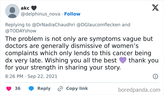 Tweet about doctors misunderstanding women's symptoms leading to late cancer diagnosis, highlighting major cancer symptoms revealed.