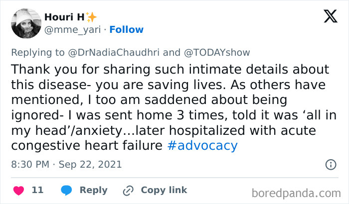 Tweet screenshot showing a woman sharing symptoms her doctor misunderstood before a shocking cancer diagnosis.