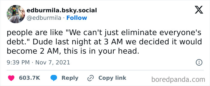 Tweet about late-night thoughts and relatable fatigue of being human, reflecting humor and exhaustion in daily life.