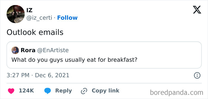 Tweet showing a humorous millennial meme about work struggles, comparing Outlook emails to breakfast choices.