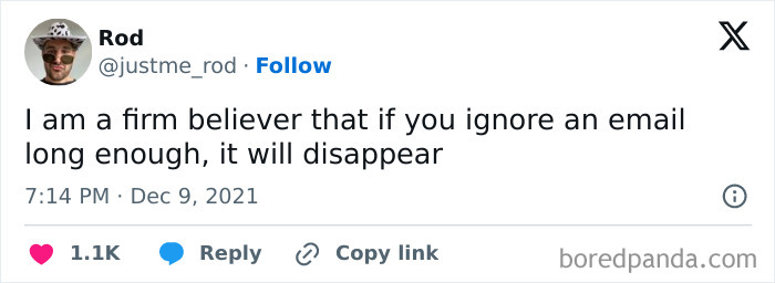 Tweet about ignoring emails humorously, highlighting the millennial corporate life and email culture.