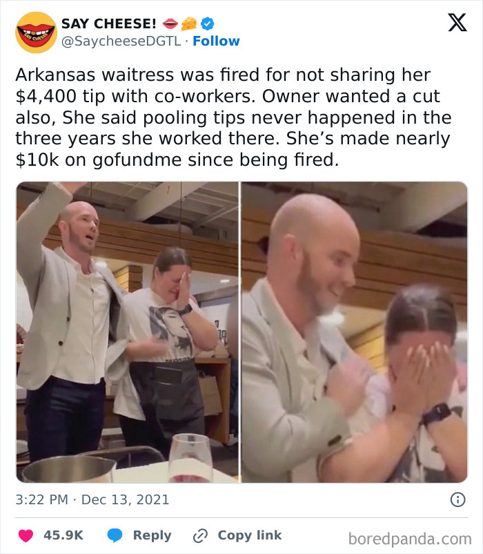 Tweet showing why people hate their boss with a fired Arkansas waitress and a controversial tip-sharing dispute.