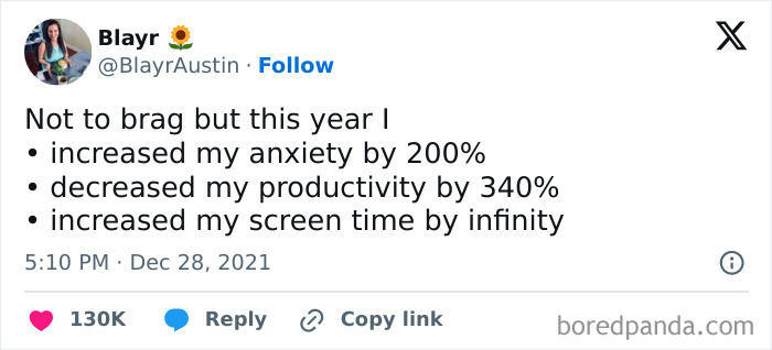 Tweet showing increased anxiety, decreased productivity, and increased screen time highlighting millennial struggles at work.