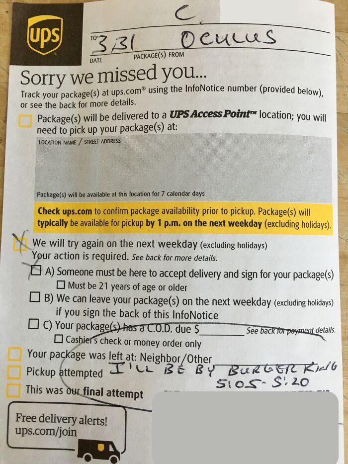 UPS delivery notice with handwritten message and pickup details, illustrating a wholesome post distraction from world horrors.