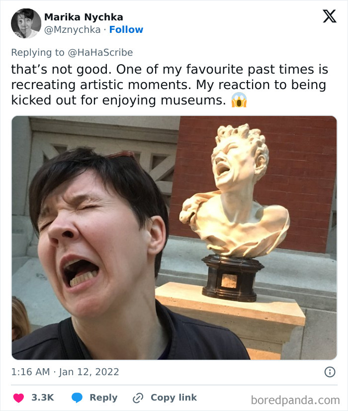Person mimicking a sculpture’s expressive face in a museum, capturing life imitating art in a humorous moment.