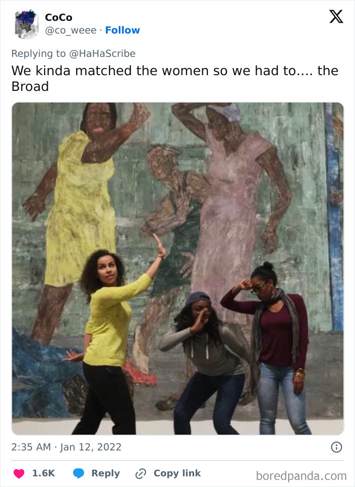 Three women mimicking poses of painted figures on a mural, illustrating life imitating art in a museum setting.