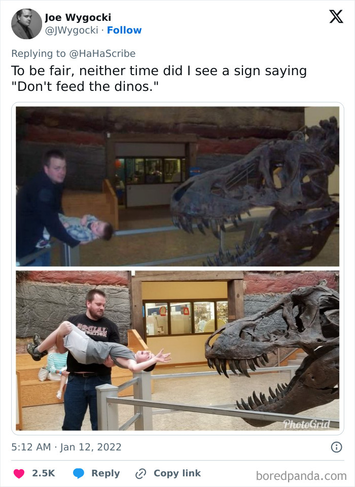 Man holding a child near a large dinosaur skeleton, illustrating life imitating art in a museum setting.