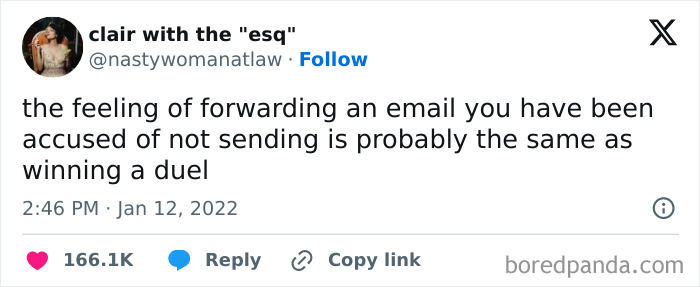 Humorous tweet about forwarding emails, highlighting the millennial corporate life experience and email culture satire.