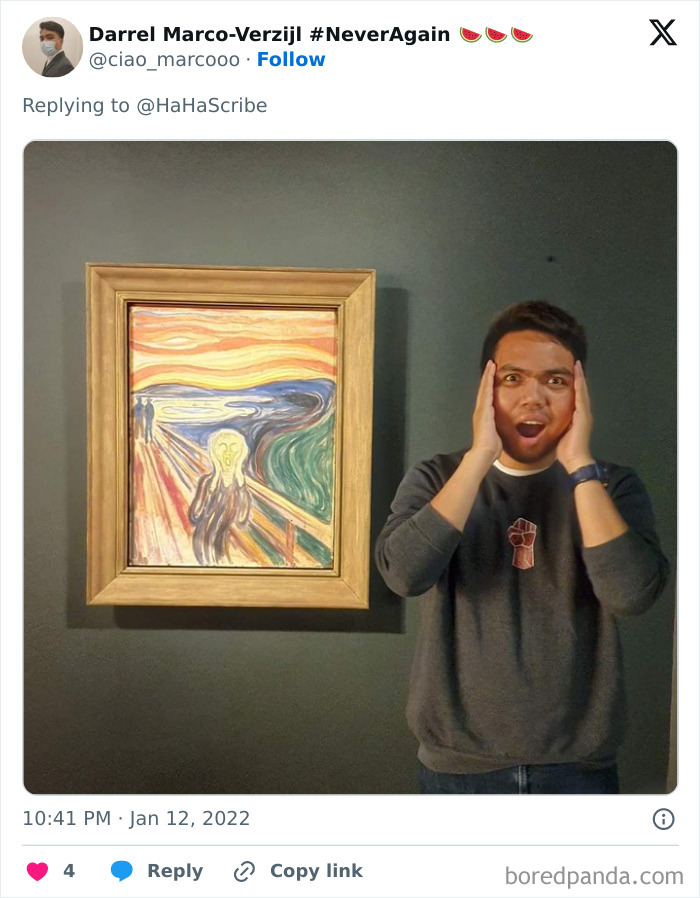 Man mimicking the famous expression in The Scream painting, illustrating life imitating art in a museum setting.