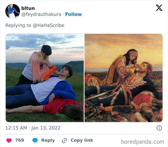 Recreation of a historic painting with people perfectly imitating the life imitating art scene outdoors on a grassy hill.
