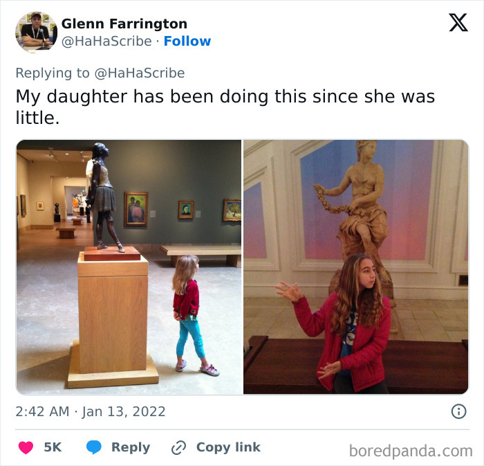 Child and teenager creatively imitating iconic art statues at a museum in humorous and artistic poses.