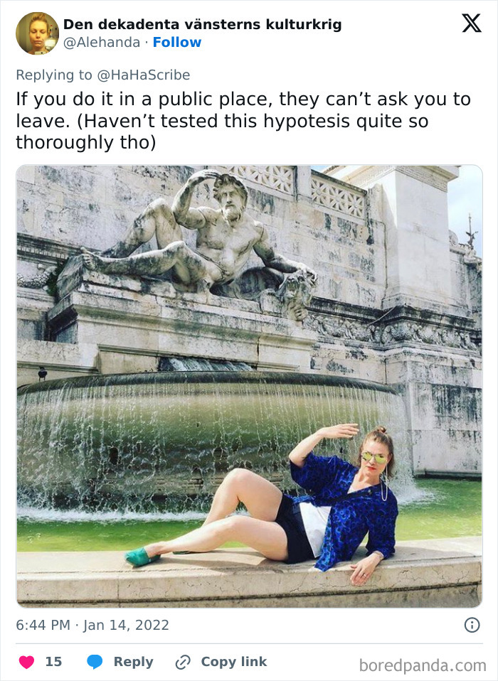 Person creatively imitating iconic art by posing next to a classical statue in a fountain outdoors.