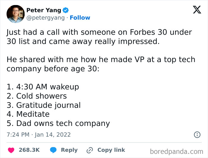 Tweet discussing a tech VP's morning routine, including wakeup, cold showers, journaling, meditation, and family tech ties.