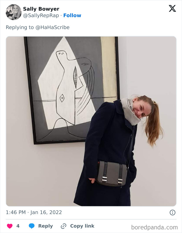 Woman mimicking abstract art pose with head tilted, demonstrating life imitating art in a gallery setting.