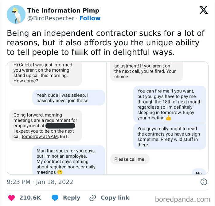 Text conversation showing independent contractor conflicts and harsh demands, illustrating parts of working in 2025 that are a nightmare.
