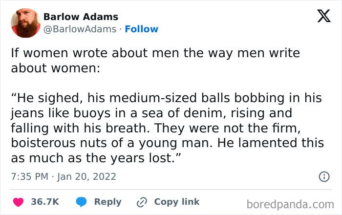 Screenshot of a humorous tweet highlighting male authors' portrayal of women in writing, illustrating gender perspective differences.