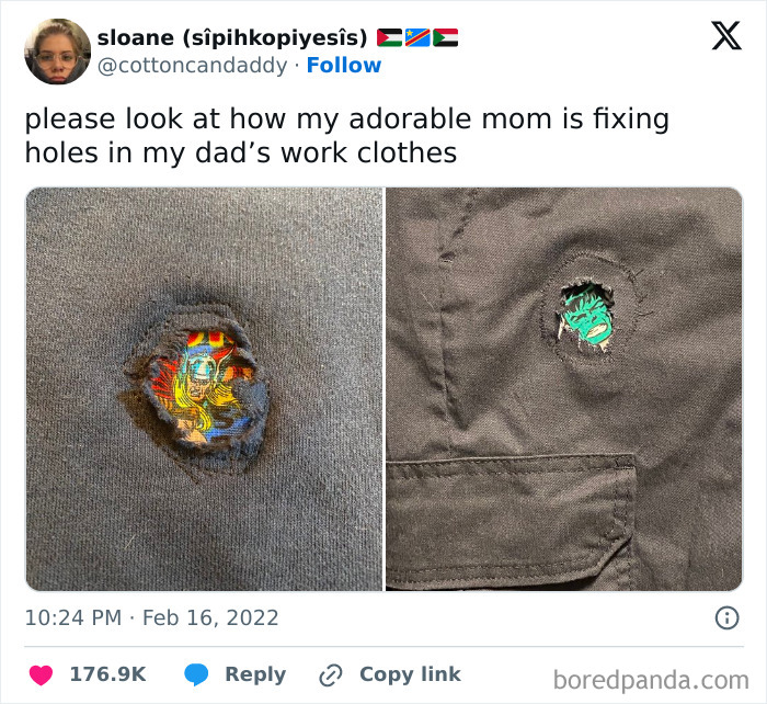 Mom fixing holes in work clothes with colorful superhero patches, showing wholesome love and care in a happiness-inducing moment.