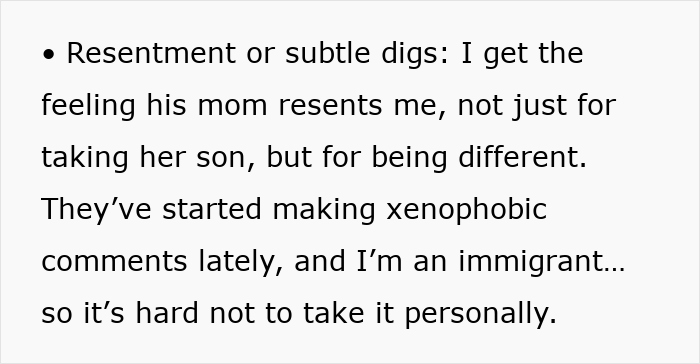 Text showing resentment from inlaws pushing boundaries in a divorce with subtle digs and xenophobic comments.