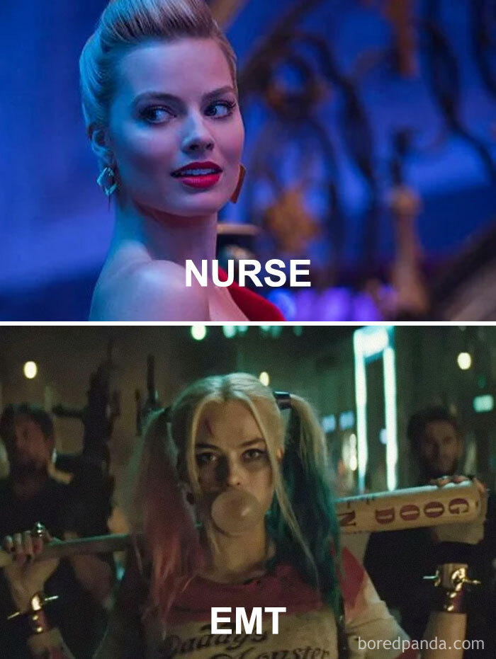 Woman labeled Nurse looking elegant above, and woman labeled EMT holding a bat looking fierce, depicting EMT humor.