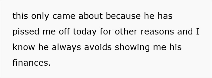 Text showing frustration about husband avoiding sharing his finances, highlighting hidden debt and secrecy issues.