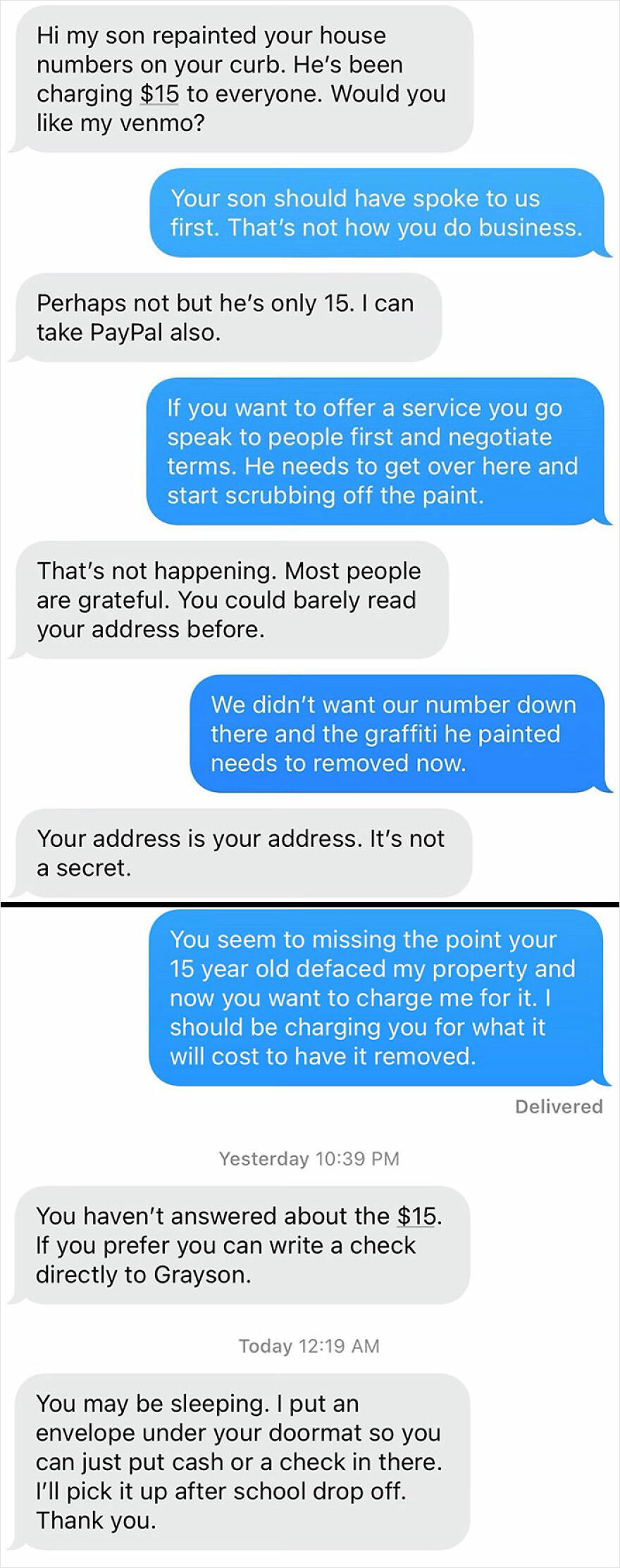 Text message exchange about a teen repainting house numbers on a curb, highlighting privacy and property concerns.
