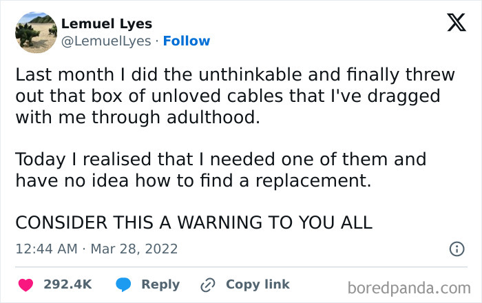Tweet about decluttering old cables gone wrong, showcasing men humor memes as a way to cope with everyday struggles.