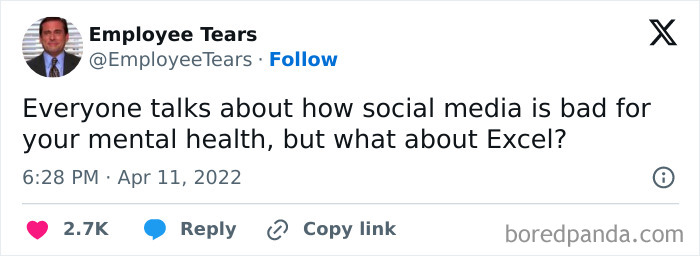 Tweet by Employee Tears humorously questioning Excel's impact on mental health, highlighting millennial corporate life satire.