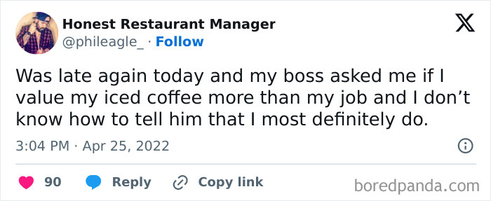 Tweet about valuing iced coffee over a job, a relatable post navigating life as just a girl with humor.