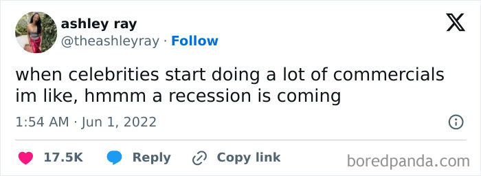 Tweet by ashley ray humorously speaking her truth about recession signs, illustrating how people hilariously speak their truth online.