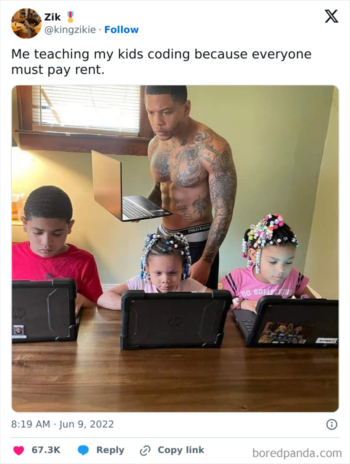 Man teaching kids coding on laptops at a table, showcasing funny memes programmers created when not coding.