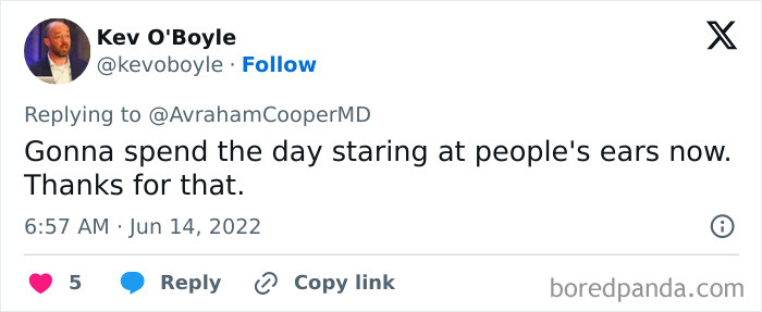 Twitter user Kev O'Boyle reacting humorously about focusing on people's ears, related to doctor seeing dangerous sign on Beckham's body.