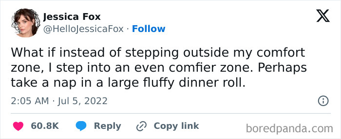 Tweet from Jessica Fox humorously describing stepping into a comfier zone and taking a nap in a large fluffy dinner roll.
