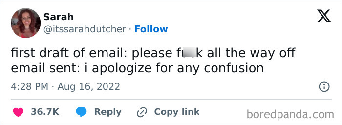 Tweet humorously comparing first draft and sent email illustrating millennial struggles at work with polite vs blunt tone.