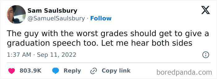 Tweet from Sam Saulsbury humorously suggesting the worst grades student should give a graduation speech, internet truth win.