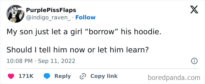 Screenshot of a funny tweet where a user hilariously speaks their truth about their son lending a hoodie.