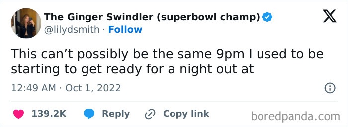 Tweet by The Ginger Swindler humorously reflecting on how 9pm now feels different, capturing a truth that won the internet.