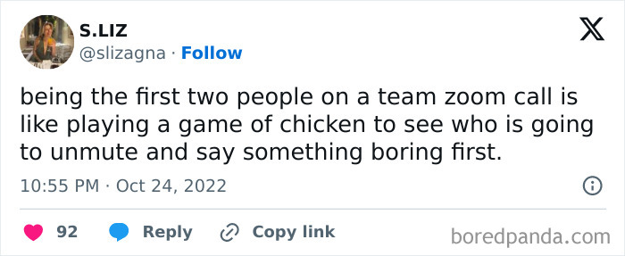 Screenshot of a humorous tweet about awkward moments on a team Zoom call, satirizing millennial corporate life.